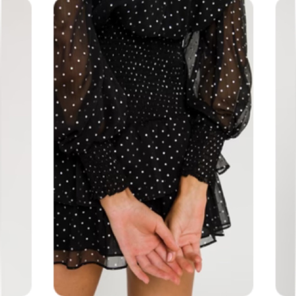 Vici x Gina Black Sheer Polka Dot Chiffon Smocked Ruffle Long Sleeve Mini Dress - Picture 4 of 12